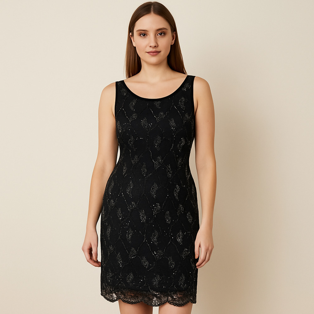 Alice + Olivia Beaded Lace Dress 4 Black Silver Mini Sheath